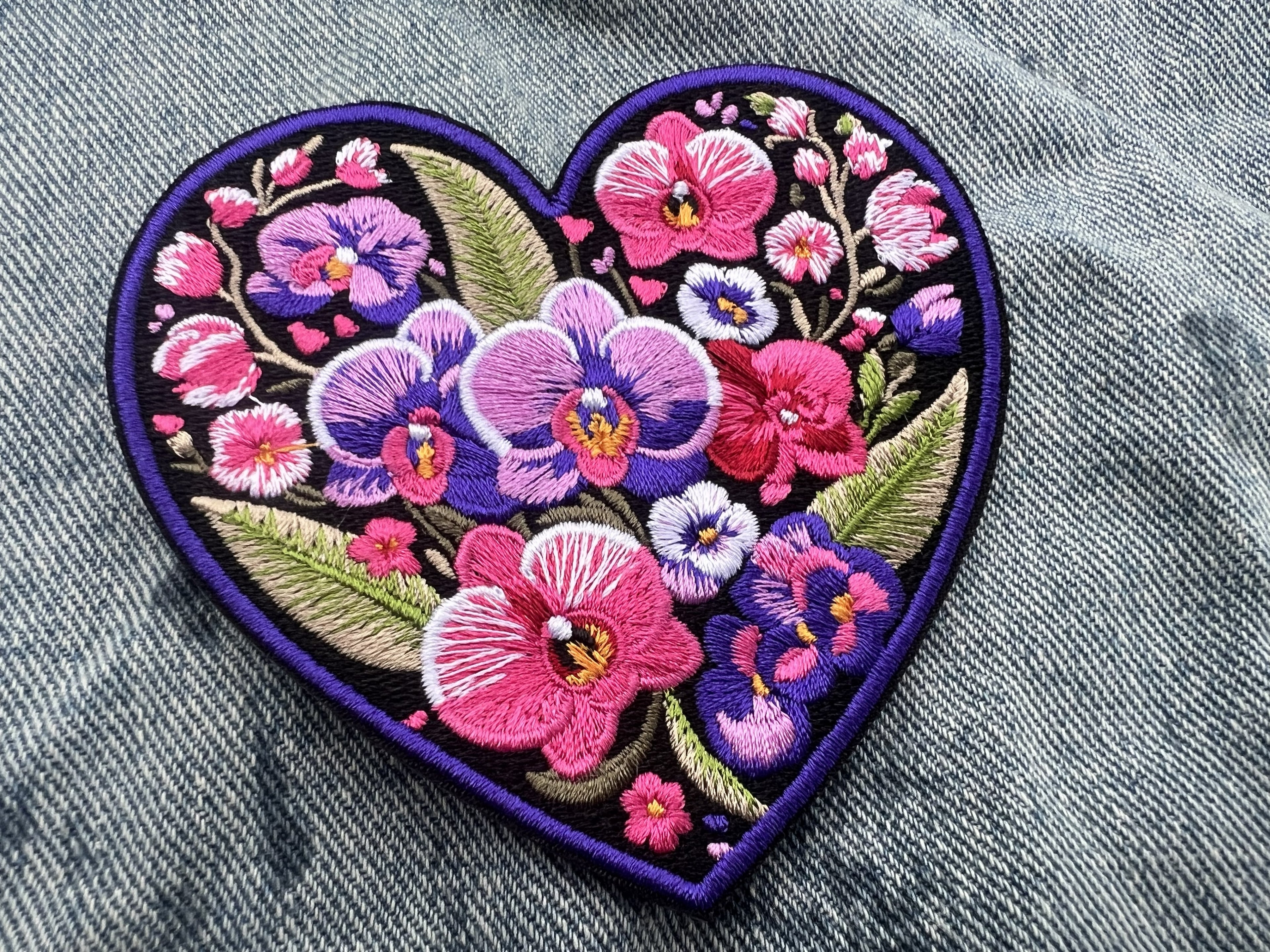 Embroidered Orchid Applique Large Iron On Flower Patch Personalized Custom Heart Sew On Patch Down Jacket Repair Patches Cute Orchid Patch