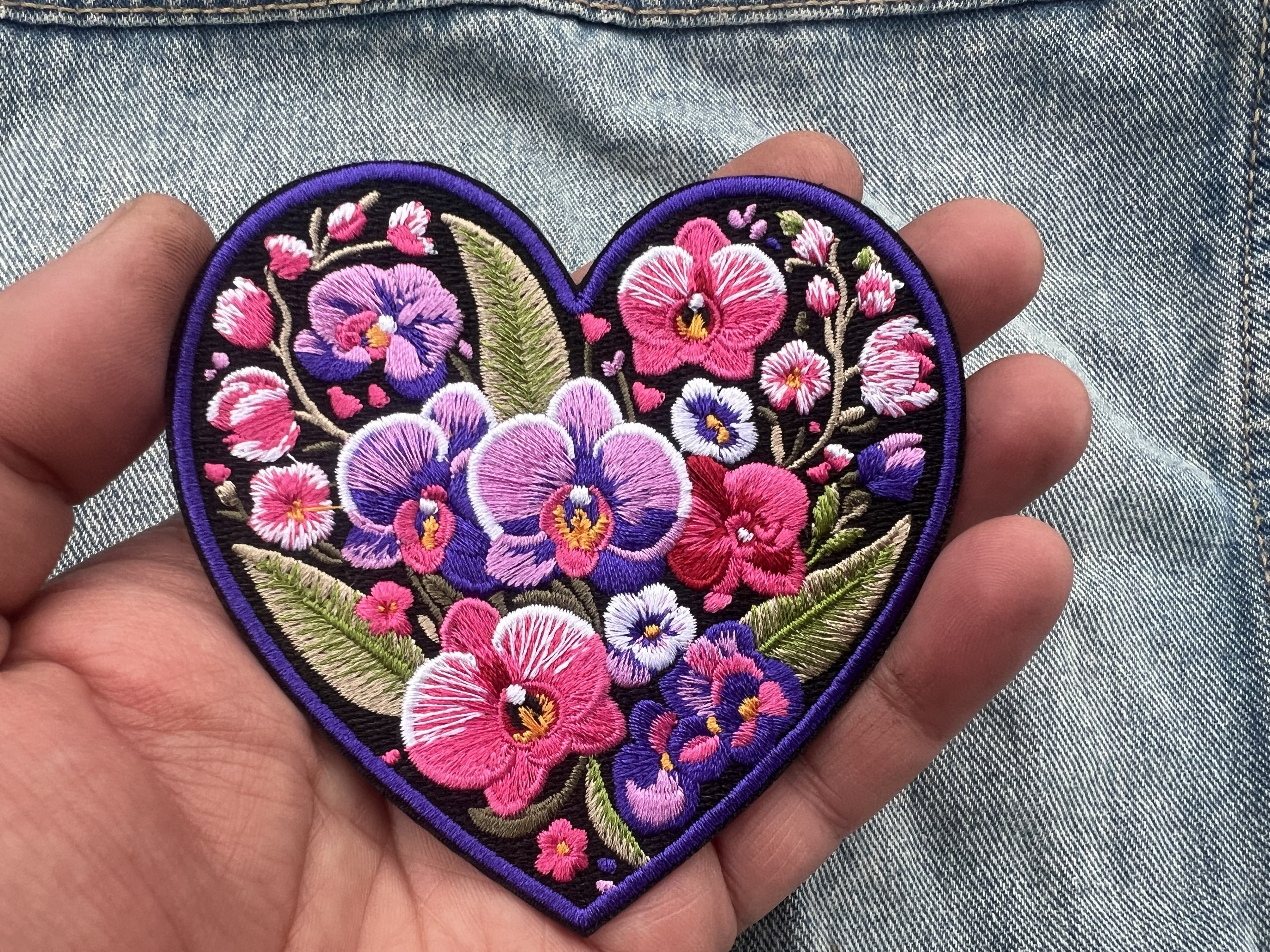 Embroidered Orchid Applique Large Iron On Flower Patch Personalized Custom Heart Sew On Patch Down Jacket Repair Patches Cute Orchid Patch