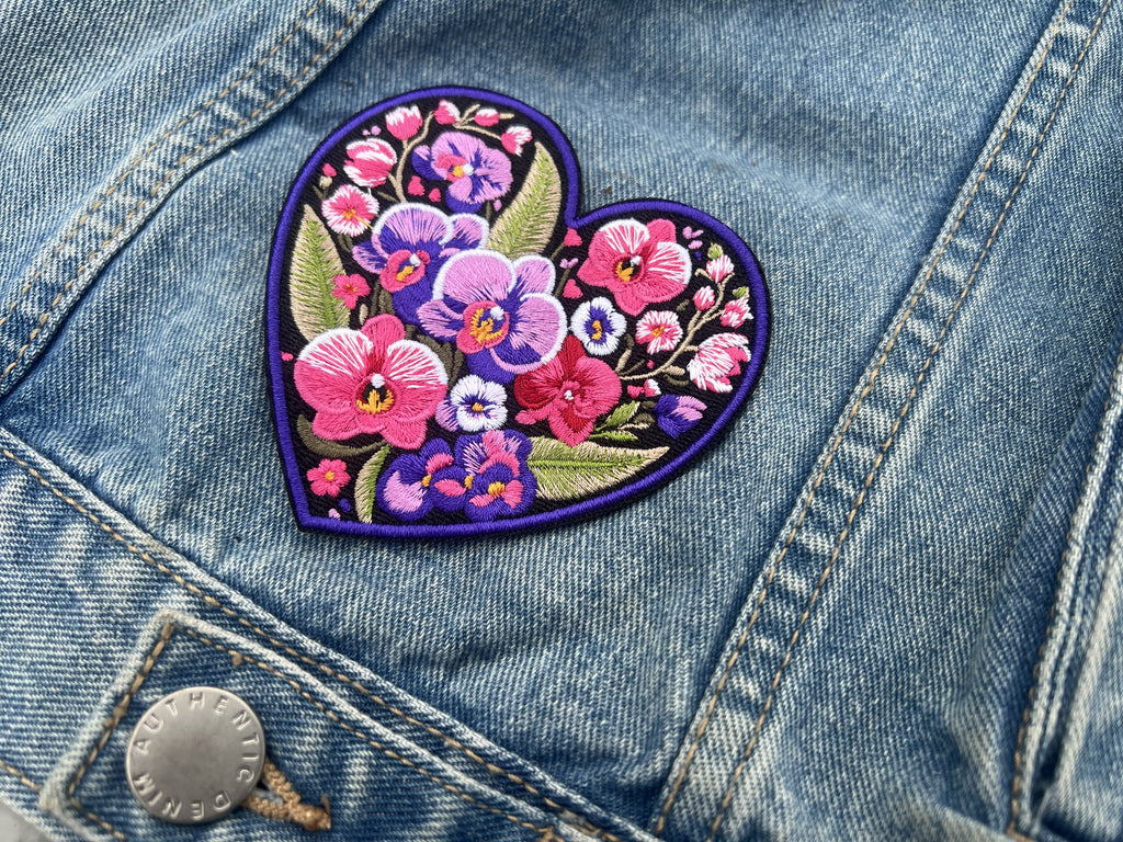Embroidered Orchid Applique Large Iron On Flower Patch Personalized Custom Heart Sew On Patch Down Jacket Repair Patches Cute Orchid Patch