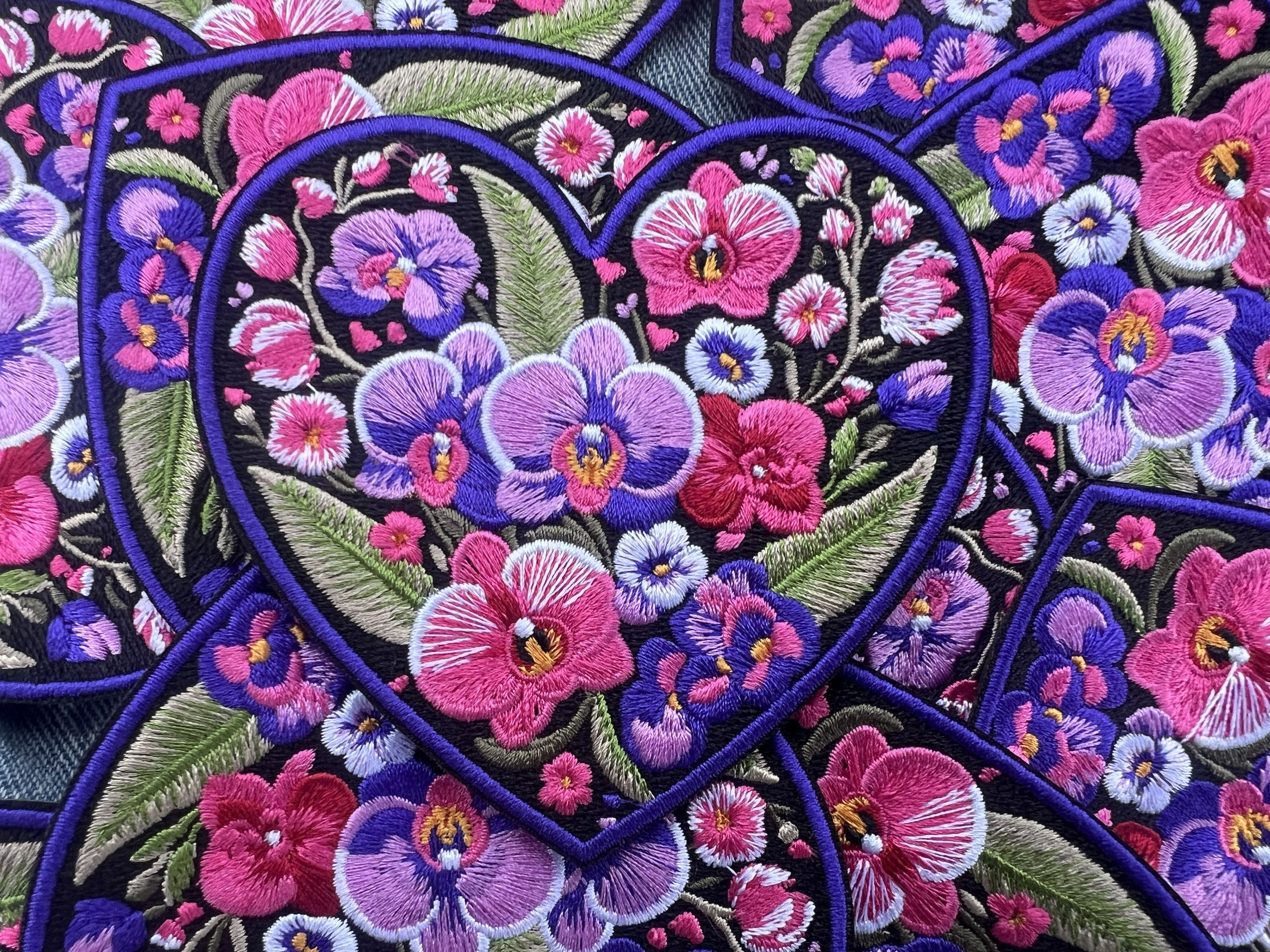 Embroidered Orchid Applique Large Iron On Flower Patch Personalized Custom Heart Sew On Patch Down Jacket Repair Patches Cute Orchid Patch