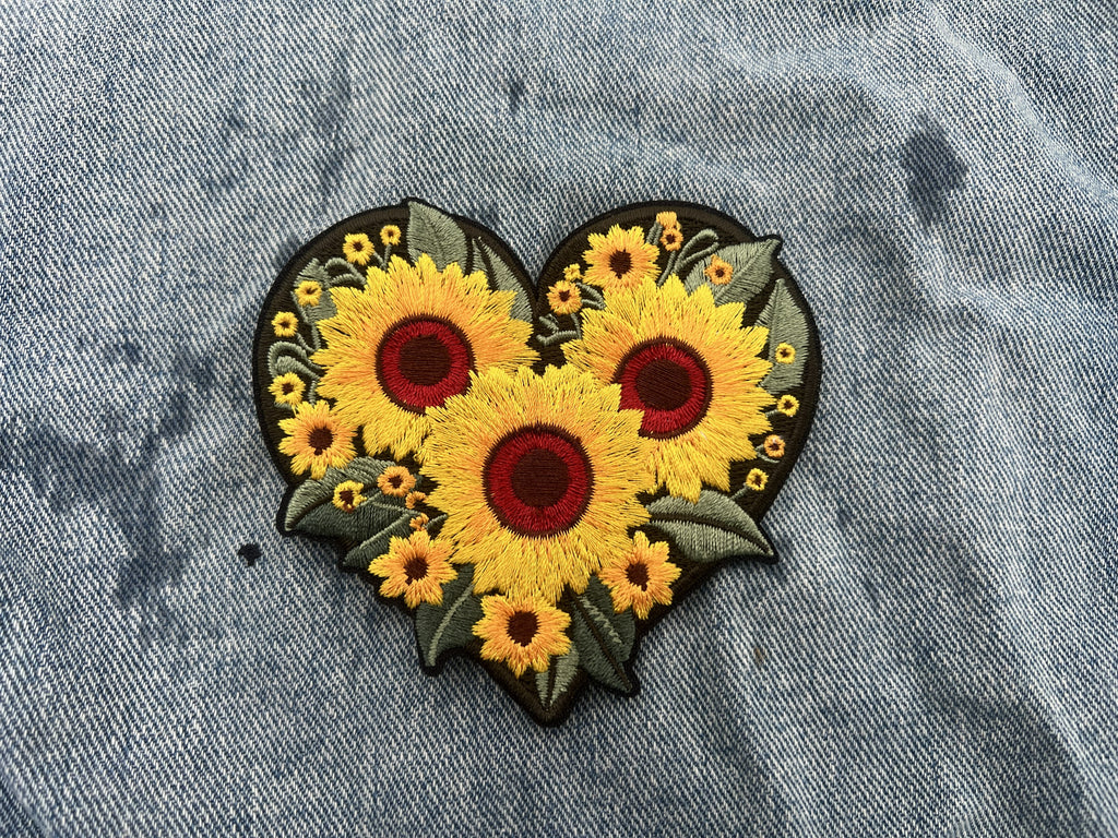 Iron On Sunflower Patch Embroidered Flower Patch Cute Sew On Heart Patch Floral Applique Personalized Gifts for Her Denim Jacket Patch