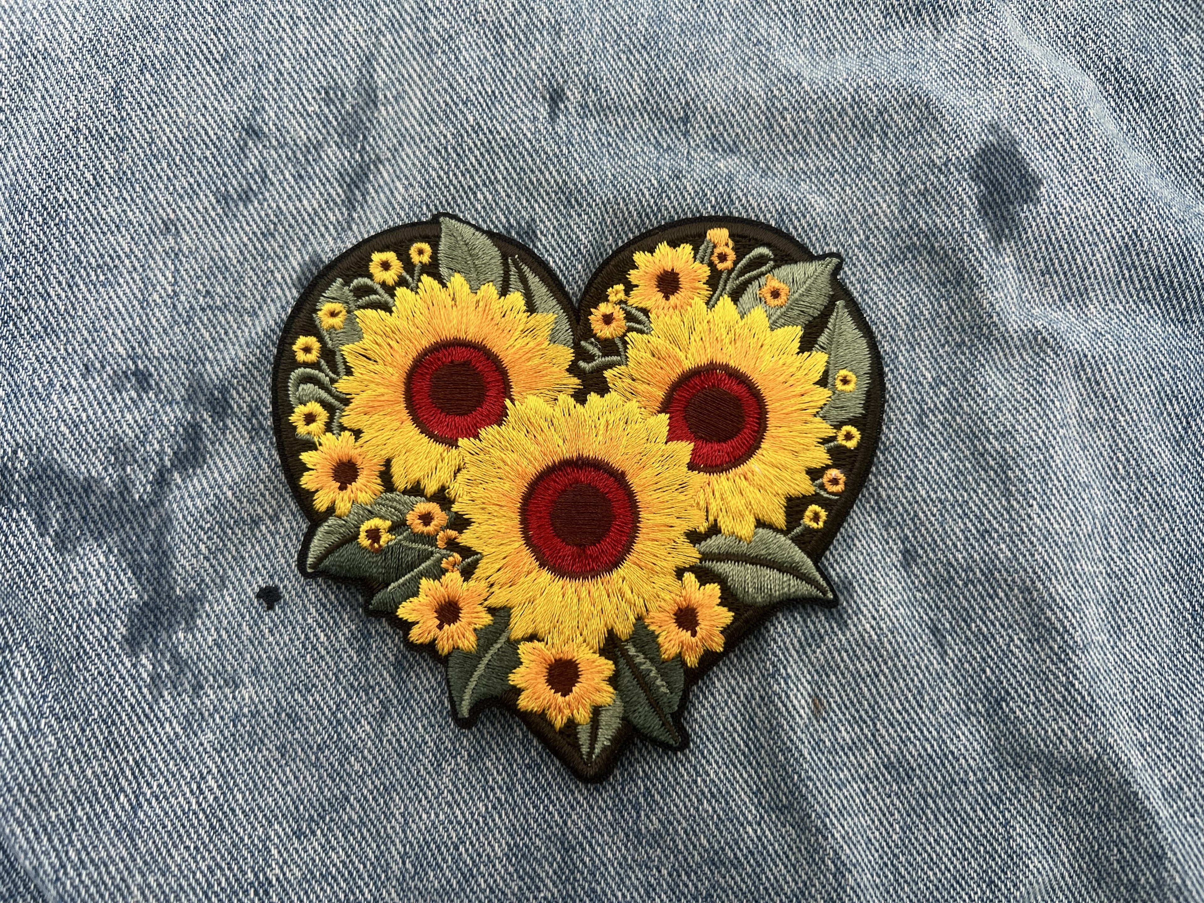 Iron On Sunflower Patch Embroidered Flower Patch Cute Sew On Heart Patch Floral Applique Personalized Gifts for Her Denim Jacket Patch
