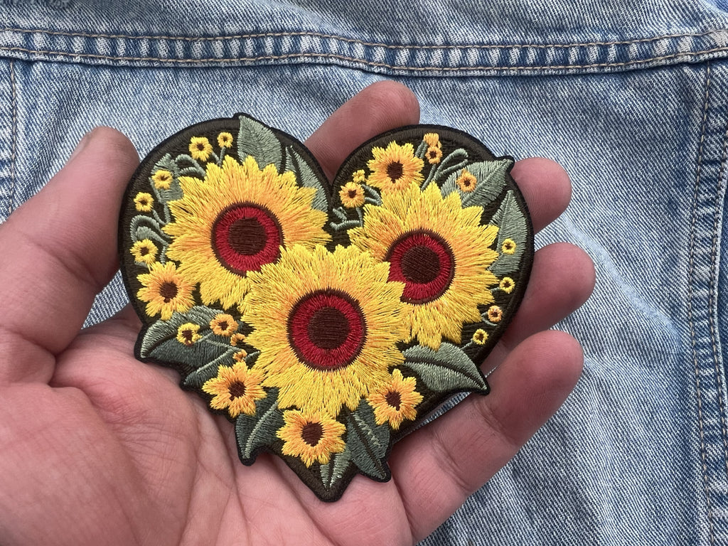 Iron On Sunflower Patch Embroidered Flower Patch Cute Sew On Heart Patch Floral Applique Personalized Gifts for Her Denim Jacket Patch