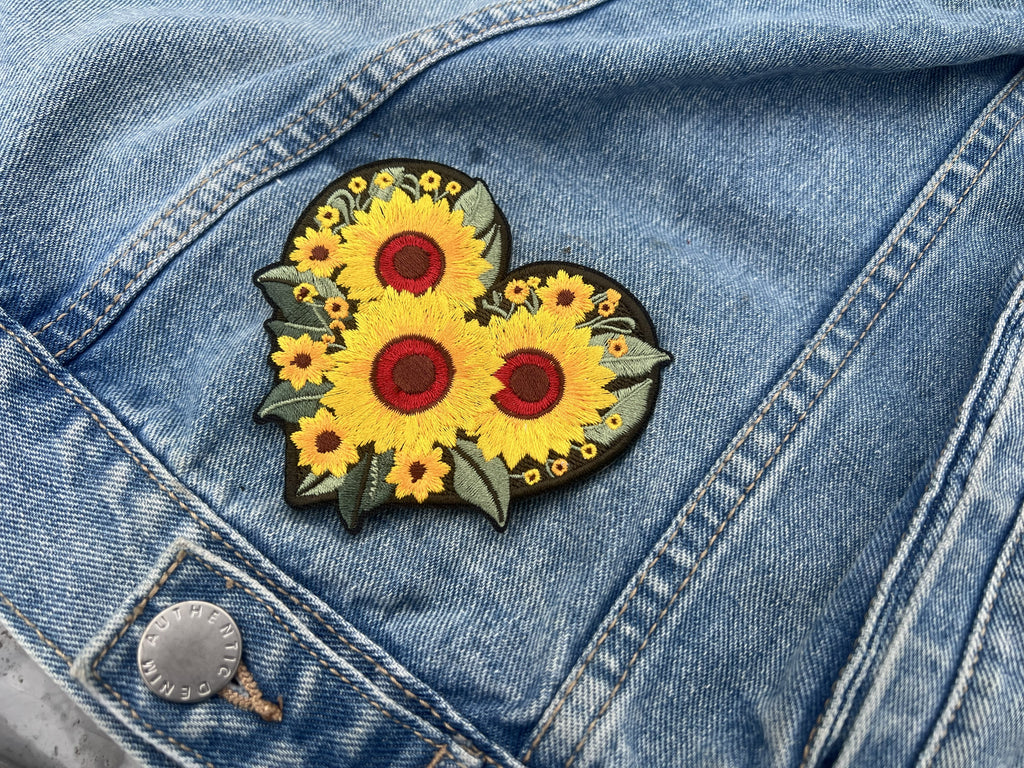 Iron On Sunflower Patch Embroidered Flower Patch Cute Sew On Heart Patch Floral Applique Personalized Gifts for Her Denim Jacket Patch