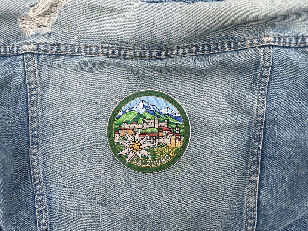 Salzburg Travel Patch Embroidered Alpine Souvenir Badge Iron On White Flower Patch Sew On Mountains Travel Jacket Patch