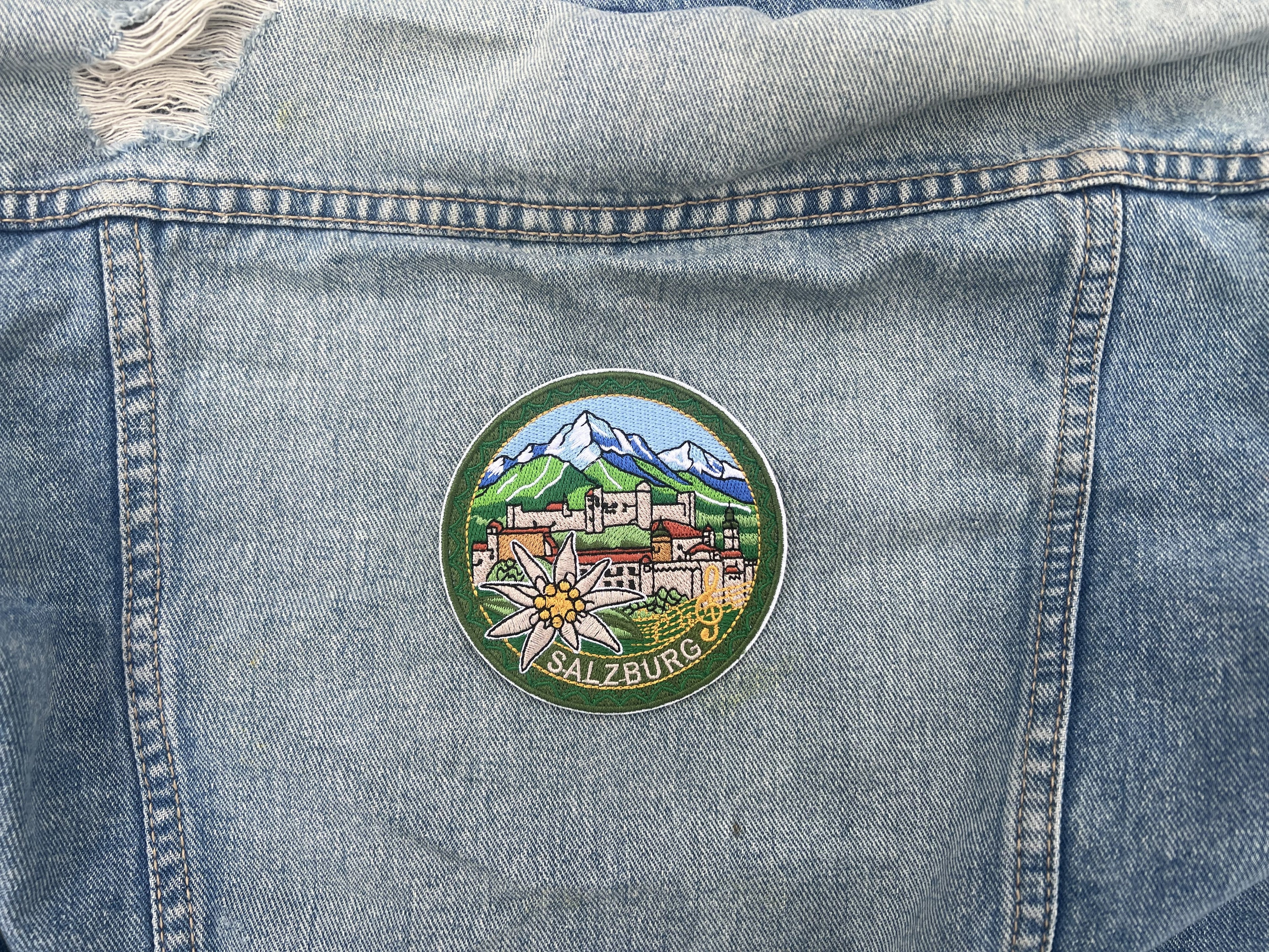 Salzburg Travel Patch Embroidered Alpine Souvenir Badge Iron On White Flower Patch Sew On Mountains Travel Jacket Patch