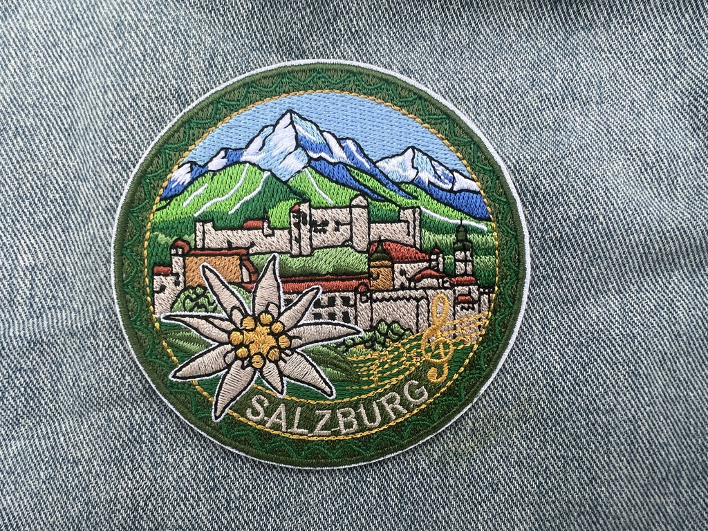 Salzburg Travel Patch Embroidered Alpine Souvenir Badge Iron On White Flower Patch Sew On Mountains Travel Jacket Patch