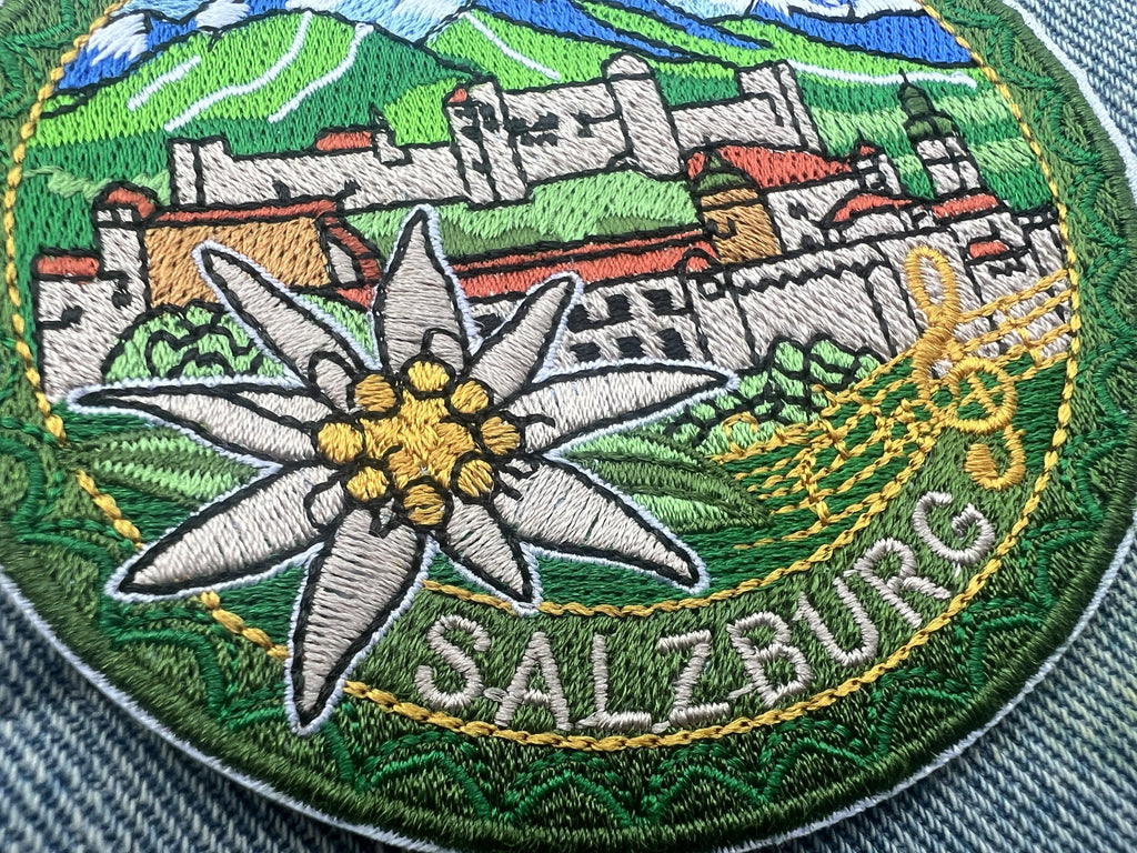 Salzburg Travel Patch Embroidered Alpine Souvenir Badge Iron On White Flower Patch Sew On Mountains Travel Jacket Patch