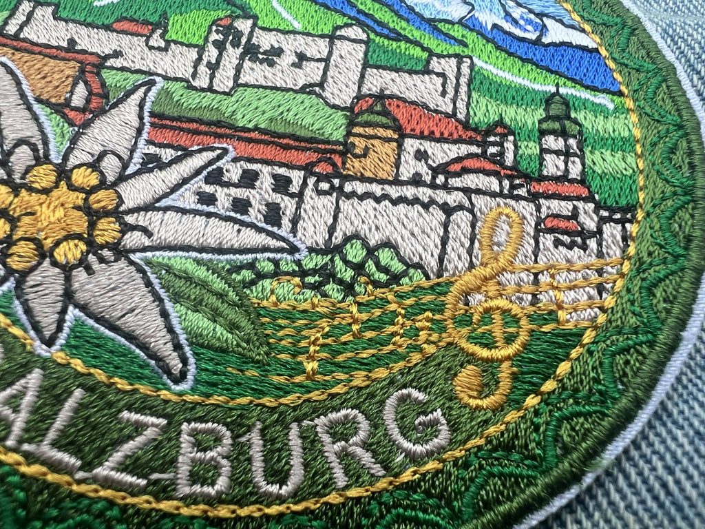 Salzburg Travel Patch Embroidered Alpine Souvenir Badge Iron On White Flower Patch Sew On Mountains Travel Jacket Patch