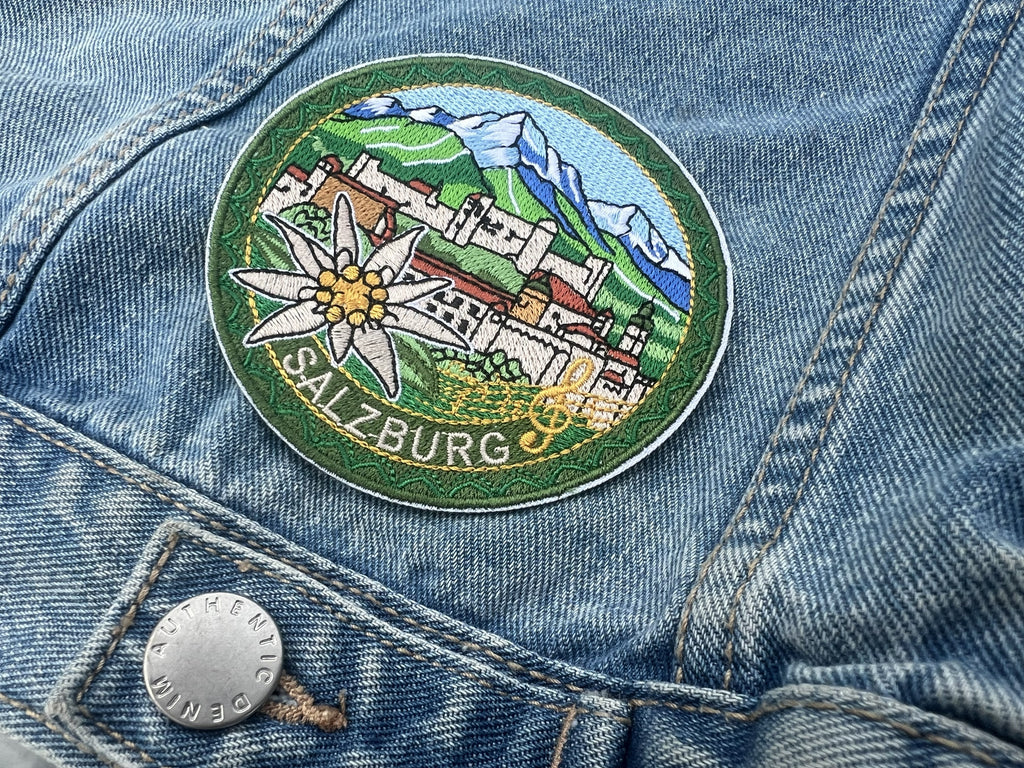Salzburg Travel Patch Embroidered Alpine Souvenir Badge Iron On White Flower Patch Sew On Mountains Travel Jacket Patch