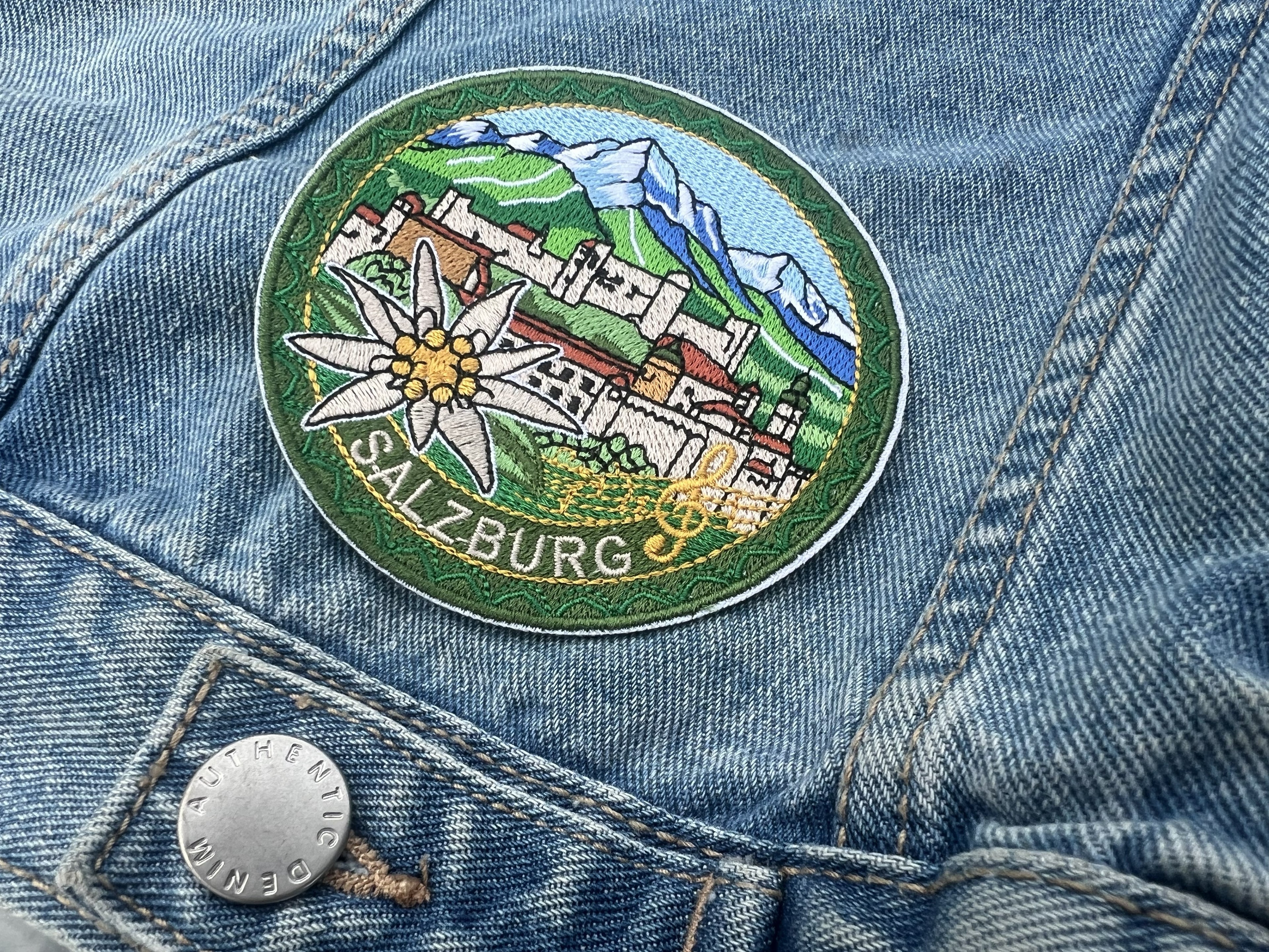 Salzburg Travel Patch Embroidered Alpine Souvenir Badge Iron On White Flower Patch Sew On Mountains Travel Jacket Patch