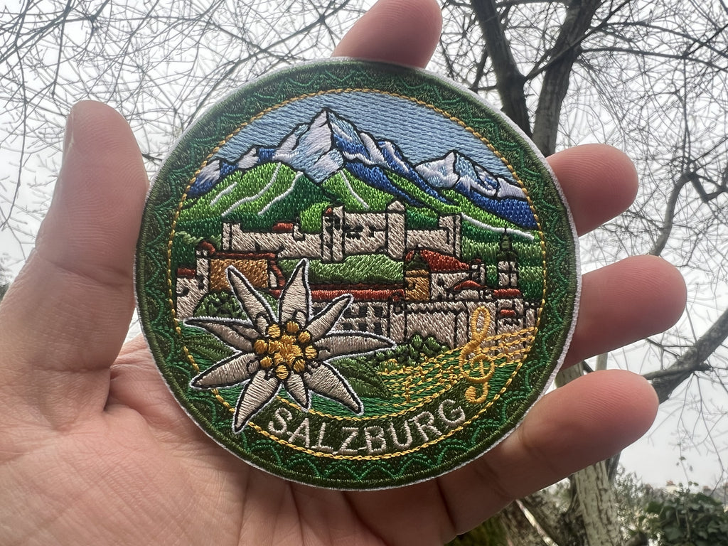 Salzburg Travel Patch Embroidered Alpine Souvenir Badge Iron On White Flower Patch Sew On Mountains Travel Jacket Patch