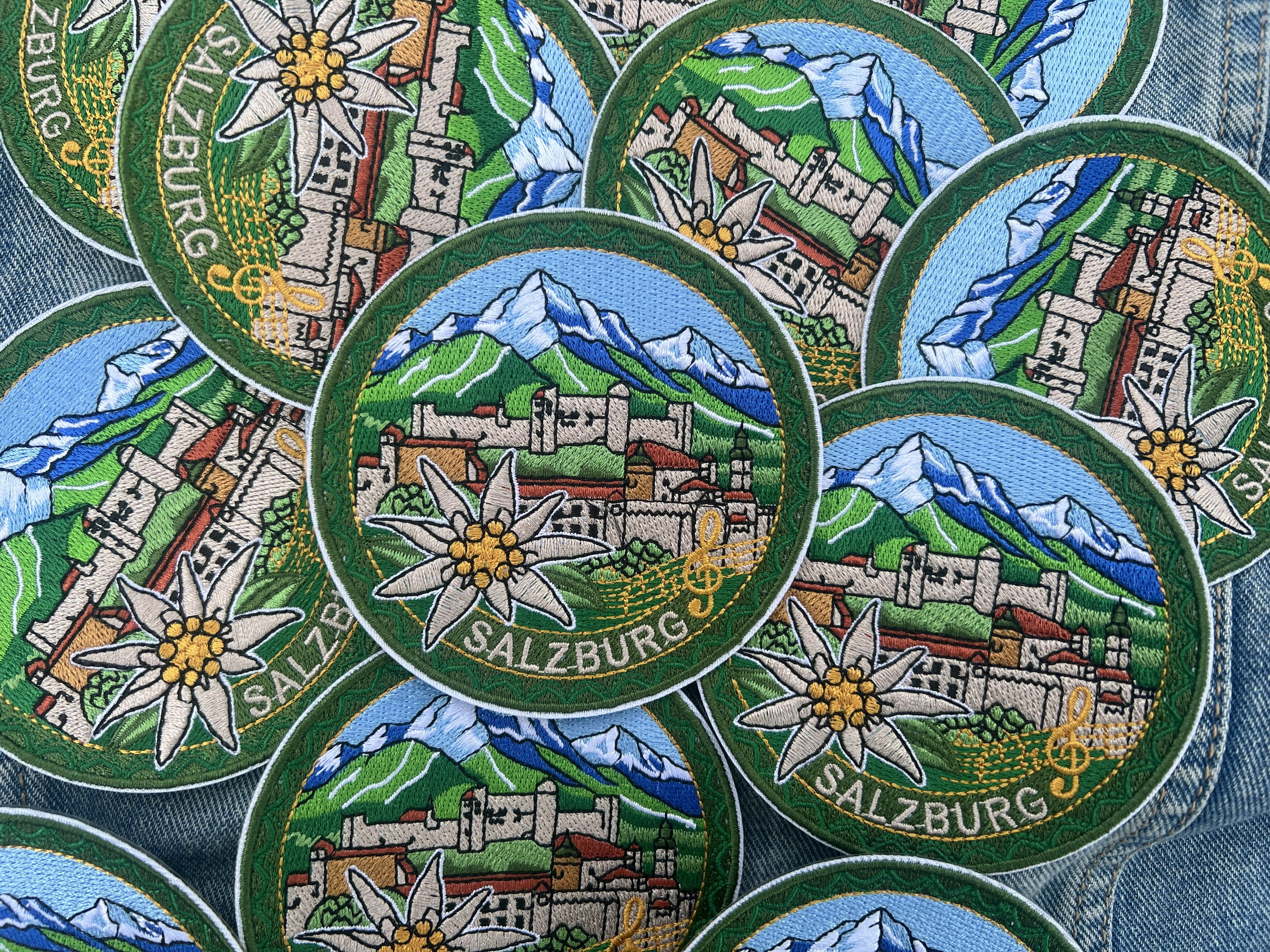 Salzburg Travel Patch Embroidered Alpine Souvenir Badge Iron On White Flower Patch Sew On Mountains Travel Jacket Patch