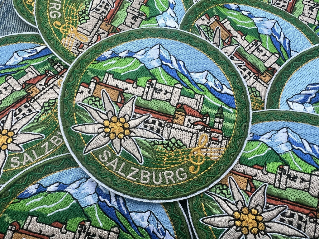 Salzburg Travel Patch Embroidered Alpine Souvenir Badge Iron On White Flower Patch Sew On Mountains Travel Jacket Patch