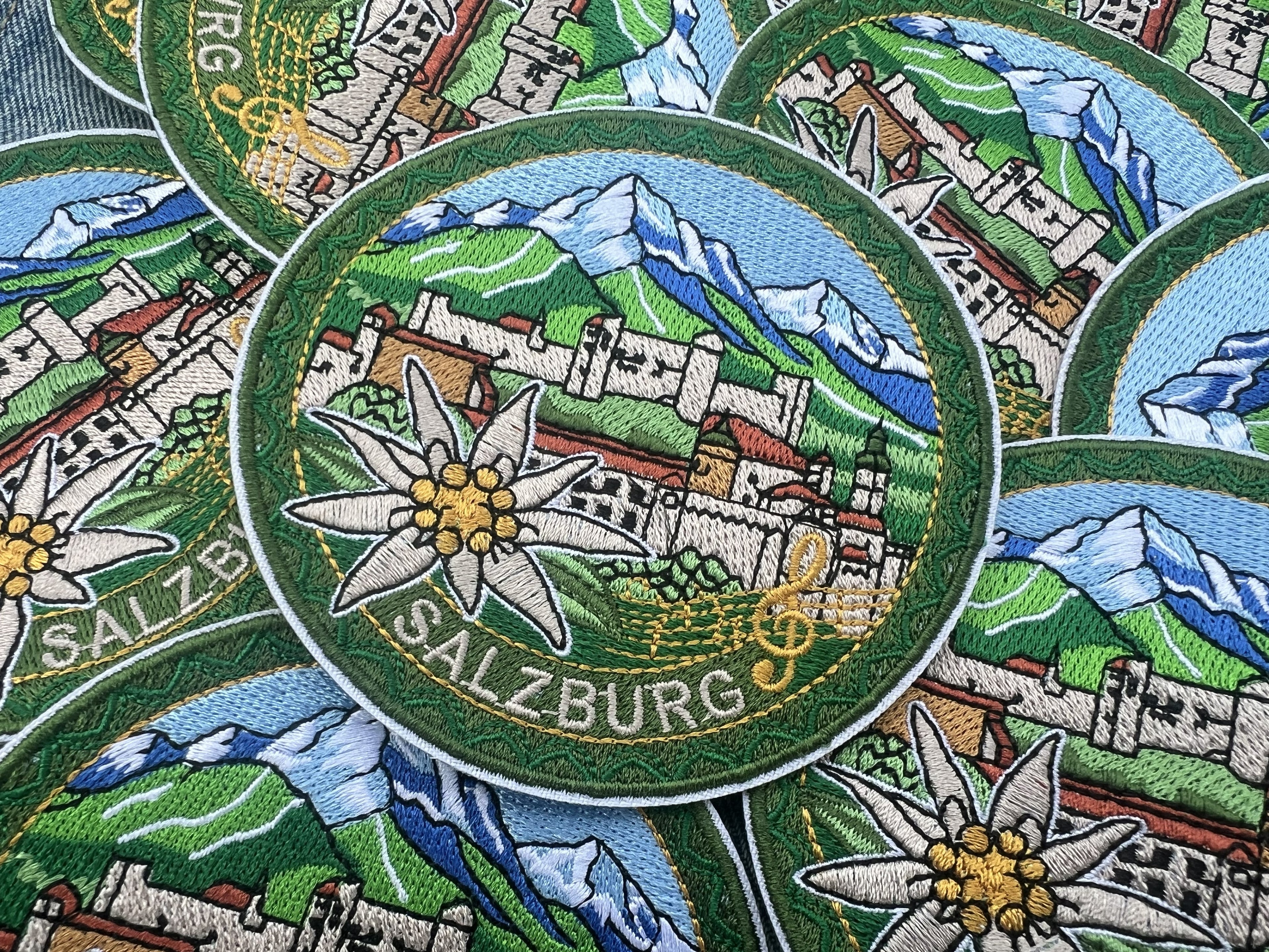 Salzburg Travel Patch Embroidered Alpine Souvenir Badge Iron On White Flower Patch Sew On Mountains Travel Jacket Patch