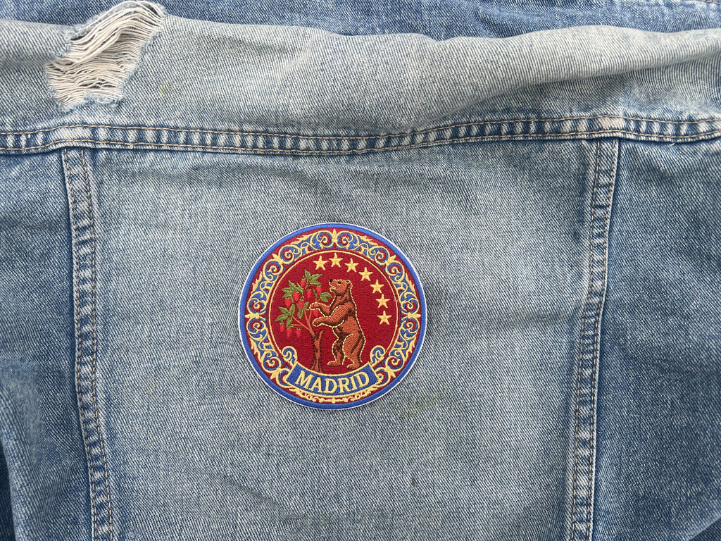 Madrid Bear Patch Embroidered Strawberry Tree Badge Hook and Loop Spanish Travel Accessory Gift Traveler Sew On Denim Travel Jacket Patch
