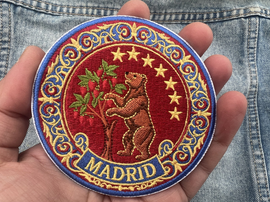Madrid Bear Patch Embroidered Strawberry Tree Badge Hook and Loop Spanish Travel Accessory Gift Traveler Sew On Denim Travel Jacket Patch