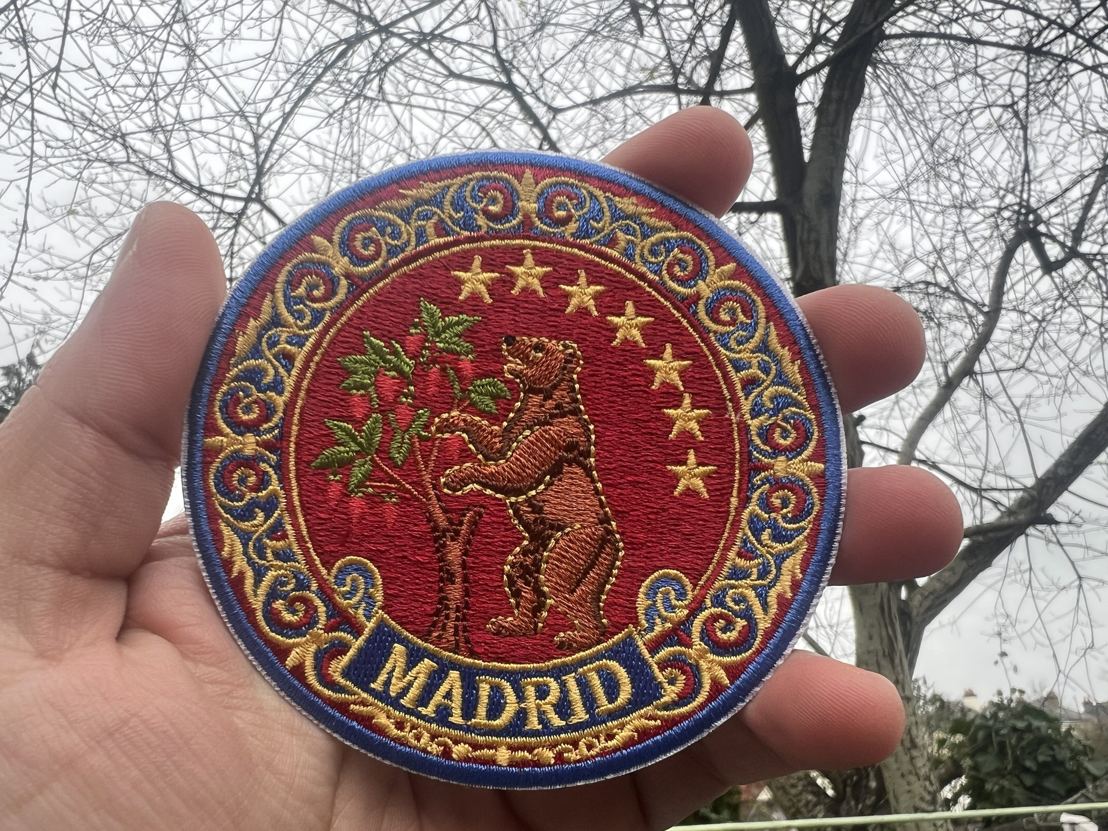 Madrid Bear Patch Embroidered Strawberry Tree Badge Hook and Loop Spanish Travel Accessory Gift Traveler Sew On Denim Travel Jacket Patch